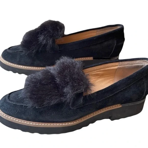 Women’s FRANCO SARTO Cyrus Black Suede Faux Fur Loafers Shoes - Picture 3 of 6